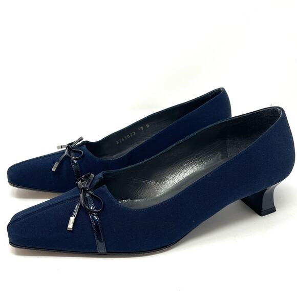 Vintage Stuart Weitzman Navy Blue Square Toe Kitten Heels w Black Bows Women's 7 - Picture 2 of 9